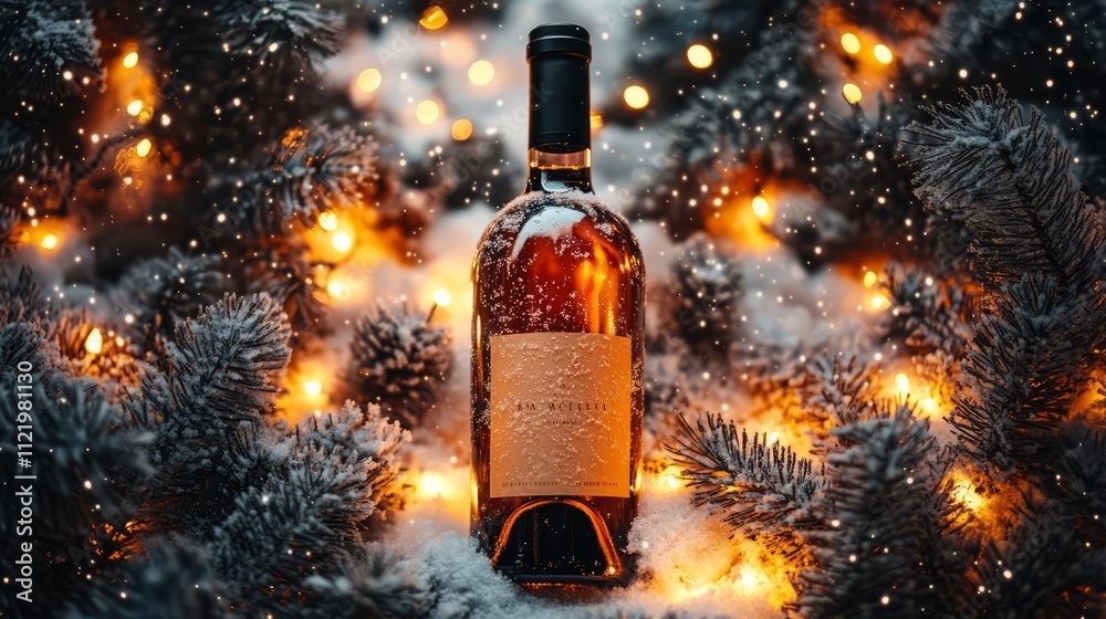 Fototapeta premium A bottle of wine set amidst snow-covered pine branches, framed by twinkling fairy lights. The glowing background exudes a magical, cozy vibe, perfect for holiday celebrations or winter-themed designs