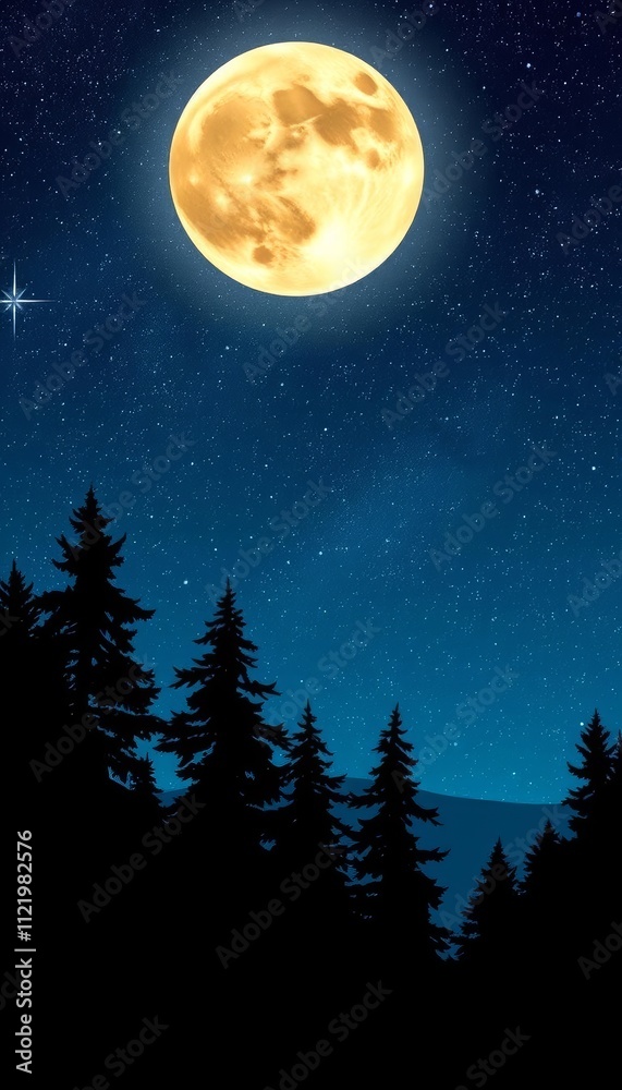 This breathtaking image captures the beauty of a starry night sky with a full moon illuminating the landscape. Silhouetted trees add depth and mystery to the scene, creating a tranquil. This breathtaking image captures the beauty of a starry night sky with a full moon illuminating the landscape. Silhouetted trees add depth and mystery to the scene, creating a tranquil.