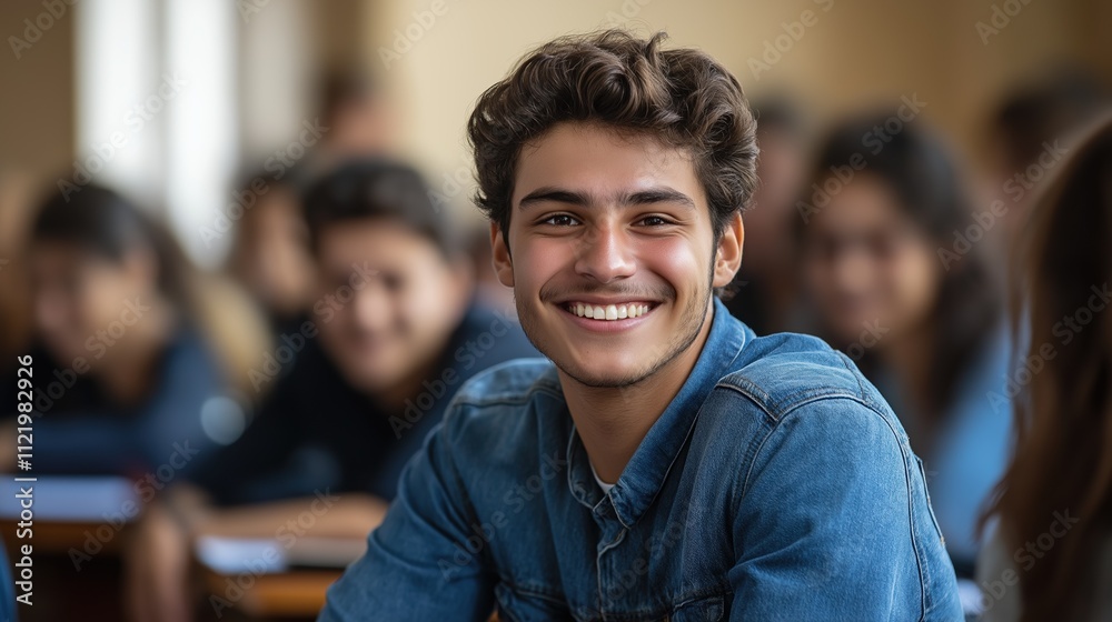 Fototapeta premium Young man smiling in classroom setting reflecting positive learning environment