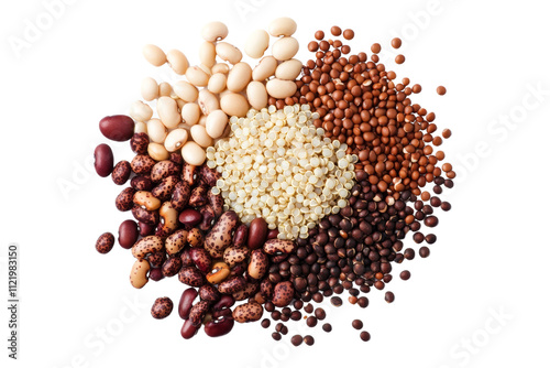 A colorful assortment of various legumes and grains displayed on a white isolated background, showcasing diversity in food sources.