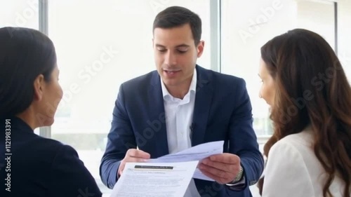 mortgage broker presenting loan approval results client excited couple well-lit office or mortgage broker celebrating approval with clients or successful loan outcomes