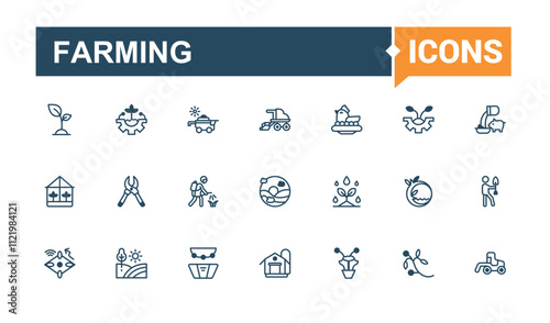 Farming linear icon collection. Related to robot, equipment, tractor, nature, barn, farm, wheat, food. Flat UI icon design. Solid line editable vector illustration.