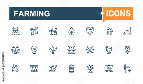 Farming linear icon collection. Related to robot, equipment, tractor, nature, barn, farm, wheat, food. Flat UI icon design. Solid line editable vector illustration.