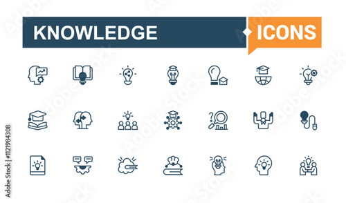 Knowledge icon pack. It contains symbols to process, science, obstacle, education, quality, skill, career and more. Outline icons pack. Editable vector outline and solid icons.