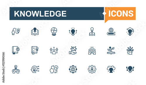 Knowledge icon pack. It contains symbols to process, science, obstacle, education, quality, skill, career and more. Outline icons pack. Editable vector outline and solid icons.