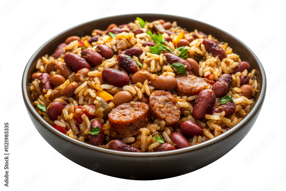 A delicious bowl of savory rice and beans, featuring slices of sausage and garnished with fresh herbs on a white isolated background. A delicious bowl of savory rice and beans, featuring slices of sausage and garnished with fresh herbs on a white isolated background.
