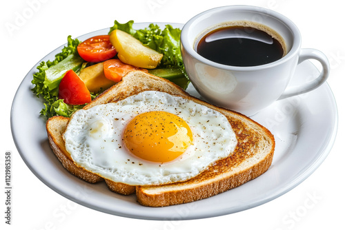 A delicious breakfast plate featuring toast with a sunny side up egg, fresh salad, and a cup of coffee on a white background. photo