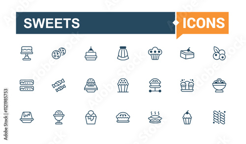 Set of Sweets line icons. Includes icons for dessert, sweetly, food, sweets, vanilla and more. Modern thin icons. Solid line editable stroke. Vector line and solid icons.
