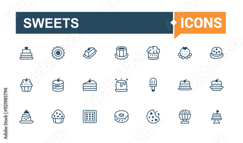 Set of Sweets line icons. Includes icons for dessert, sweetly, food, sweets, vanilla and more. Modern thin icons. Solid line editable stroke. Vector line and solid icons.