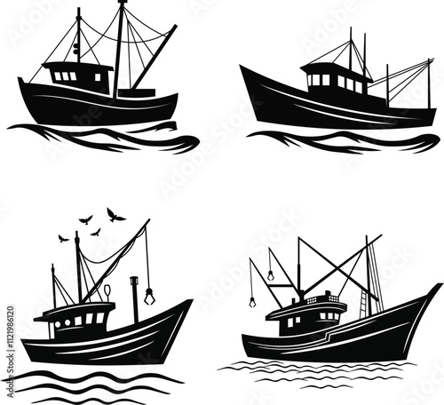 Set of fishing ships Silhouette Vector with white
background