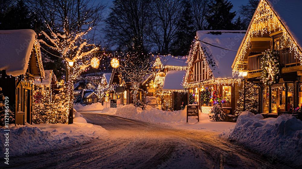 Fototapeta premium A snowy street in a charming village illuminated with festive lights at night. The scene captures cozy, snow-covered houses adorned with bright holiday lights and decorations, including wreaths and or