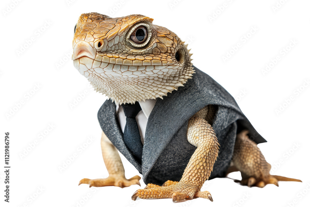 Fototapeta premium A dressed-up lizard in a suit, showcasing a playful blend of nature and fashion against a white isolated background.