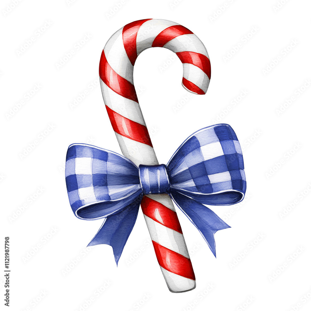 Fototapeta premium Watercolor Christmas candy cane with navy blue checkered ribbon on white background. Perfect for Christmas greeting cards and seasonal themed illustrations.