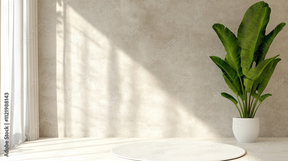 This serene interior features a round white rug beneath a large window, allowing soft sunlight to illuminate the space. A green plant adds a touch of nature to the simplicity This serene interior features a round white rug beneath a large window, allowing soft sunlight to illuminate the space. A green plant adds a touch of nature to the simplicity