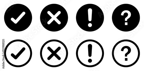 True and false button, tick or cross sign, exclamation mark and question mark vector icons set in black color. Checklist icon collection. Outline and flat design. Vector illustration.