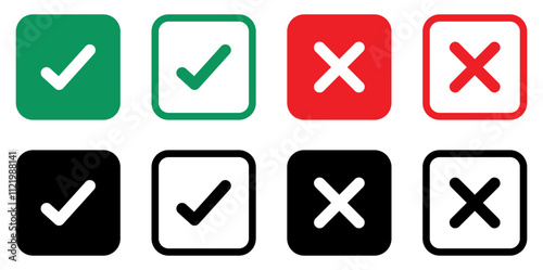 True and false button vector icon set with different color. Tick mark and cross mark icon set. Cross mark and Check mark vector icon set. Right and wrong button. Flat design. Vector illustration.