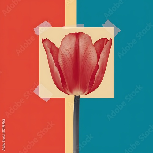 Tulip flower taped to bright background. Minimal concept. photo