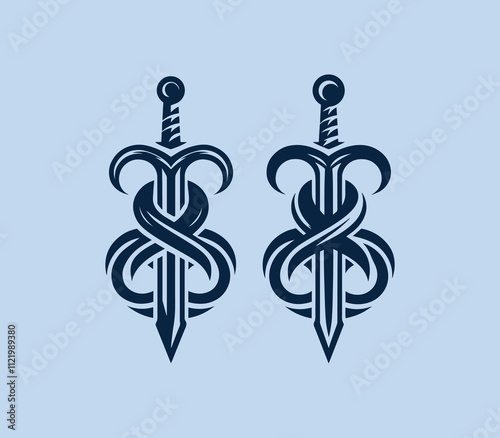 Sword logo design. Silhouettes of medieval knight sword. Morden sword logo template vector