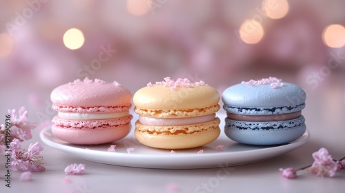Colorful macarons on a plate with floral accents