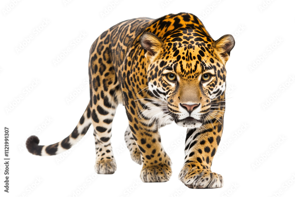 Obraz premium A majestic jaguar prowling forward, showcasing its stunning coat of golden fur adorned with distinctive black rosettes, on a white isolated background.
