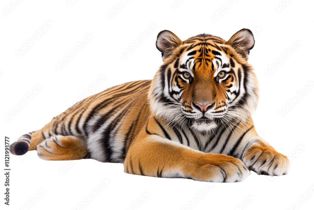 Fototapeta premium A majestic tiger lying gracefully, showcasing its powerful muscles and striking fur patterns against a white background.