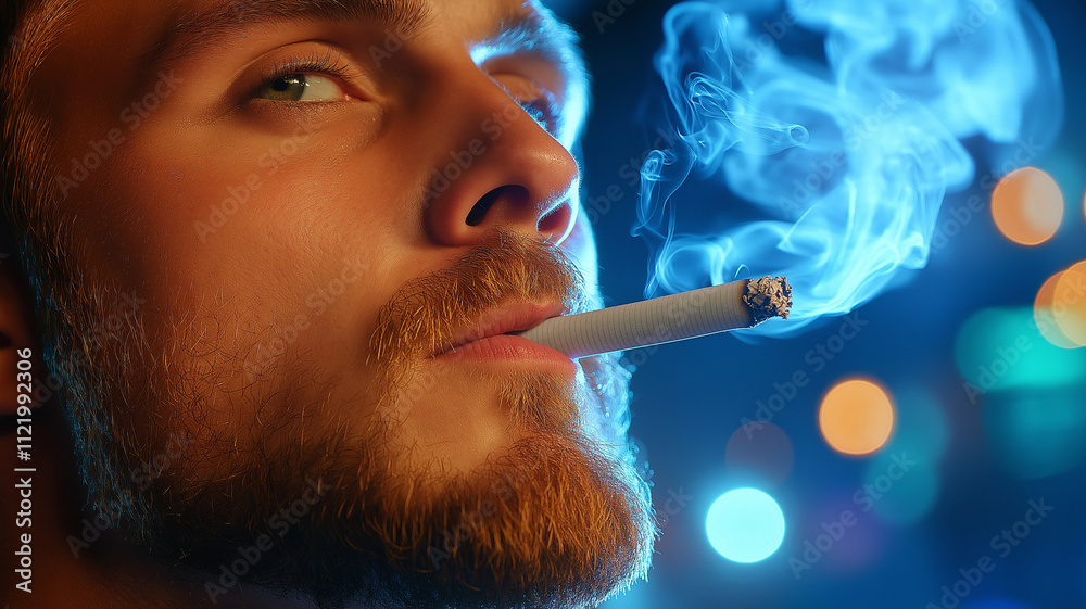 Fototapeta premium man smoking cigarette with glowing city lights behind