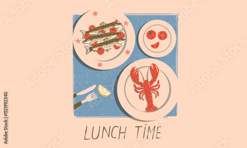 Seafood t shirt design. Lemon tomato with passion fruit artwork. Sardines fish artwork. Lobster design. Fish vintage artwork. Lobster fish artwork for t shirt print, poster, sticker and other uses.
