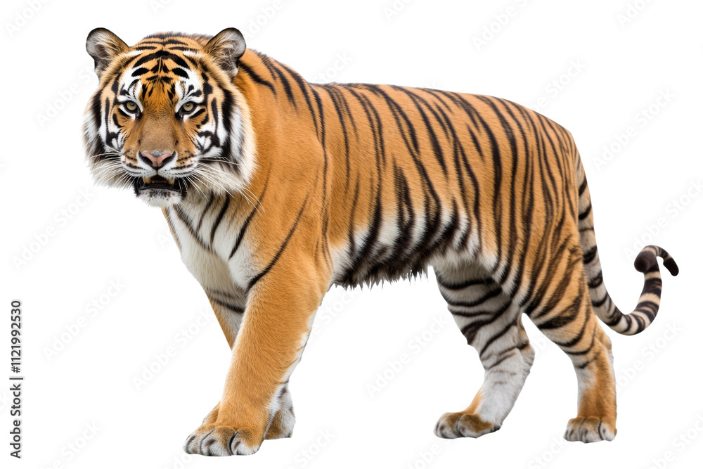 Obraz premium A majestic tiger walking gracefully, showcasing its vibrant orange fur and striking black stripes on a white isolated background.