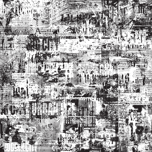 Abstract seamless pattern with newspaper headlines, concerned human eyes, urban landscapes. Chaotic vector background on the theme of city life in retro style. Wallpaper, wrapping paper, fabric design