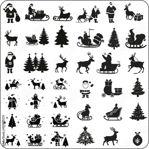 christmas elements sets silhouette vector,collection of christmas new years decoration items silhouettes and outlined doodles, xmas trees, santa hats, gift box, snowflakes, twigs, branches, house, car