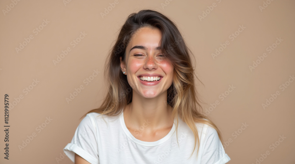 Fototapeta premium Mulher comum jovem de camisa branca sorrindo 
