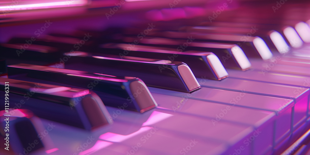 Fototapeta premium Close-up of piano keys reflecting purple light, creating a vibrant and musical atmosphere