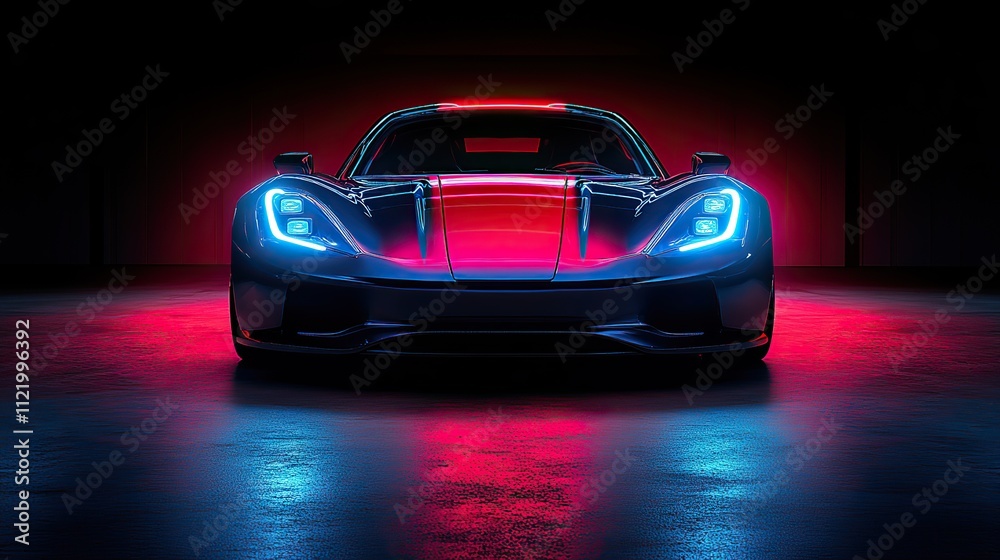 Naklejka premium A dark background illuminated by red and blue lights highlights the front of an electric sports car with its headlights on, creating a futuristic and dynamic atmosphere