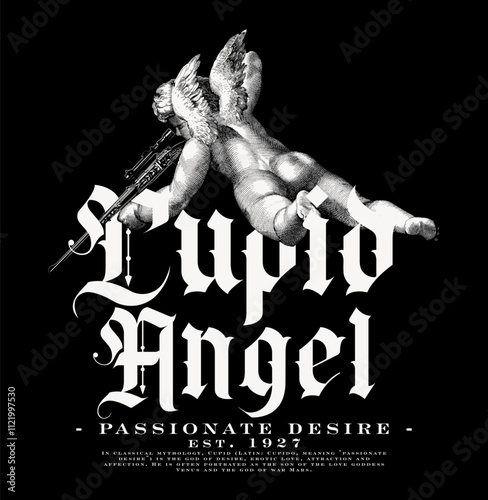 Art design of urban featuring an illustrated angel, cupid angel, victorian illustration. Gothic font texts add an authentic urban, Perfect for clothing patterns seeking