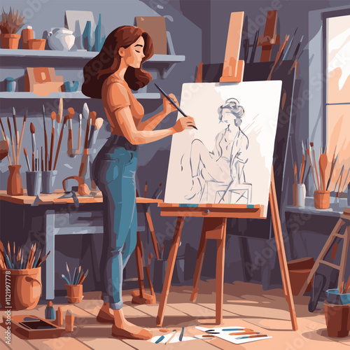 art, creativity and inspiration concept - back view of young beautiful woman artist painting at home or studio, Female artist painting on canvas in studio. Woman painter at workspace.	