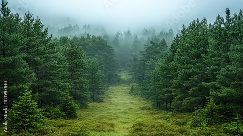 A dense forest of pine trees glistens under the rain, creating an atmosphere full of greenery and vitality, symbolizing renewal and growth