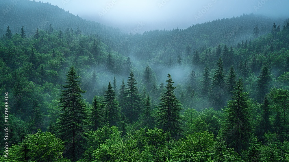 A dense forest of pine trees with green needles and dark brown trunks is seen from above during a rainstorm, capturing the contrast of colors and textures in a natural landscape A dense forest of pine trees with green needles and dark brown trunks is seen from above during a rainstorm, capturing the contrast of colors and textures in a natural landscape