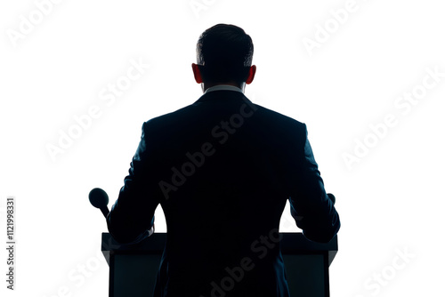 A silhouetted figure of a speaker at a podium, emphasizing the power of public speaking and communication, isolated on a black background.