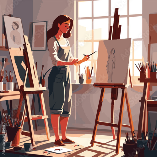 art, creativity and inspiration concept - back view of young beautiful woman artist painting at home or studio, Female artist painting on canvas in studio. Woman painter at workspace.	