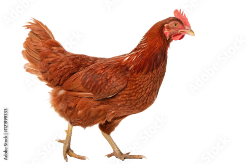 Happy Brown Hen Walking Isolated on White Background