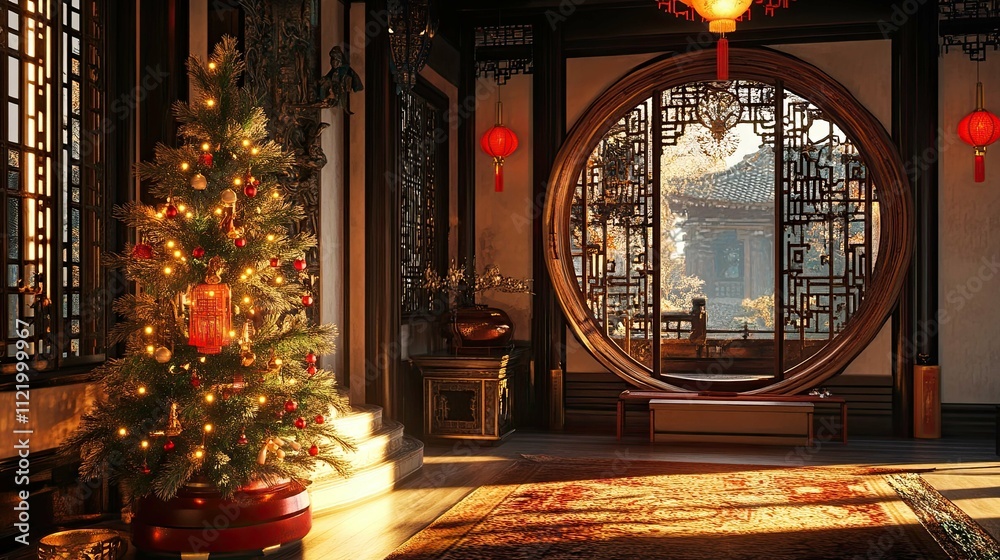 Obraz premium New Year's interior with a Christmas tree and garlands in China