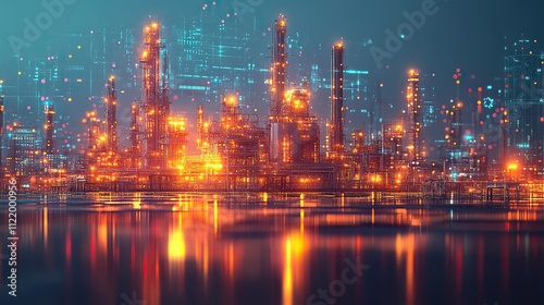 Wallpaper Mural illustration of an oil and gas industry scene showcases modern high-tech equipment and data visualizations in the background, representing innovation and technological advancements in the field. Torontodigital.ca