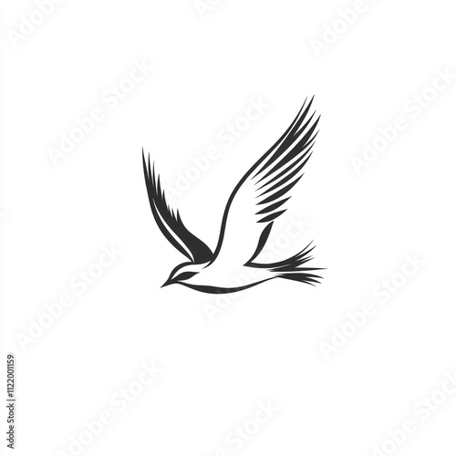 Simple black and white illustration of a bird in flight.