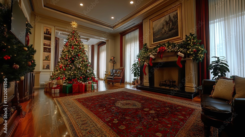 New Year's interior with a Christmas tree and garlands in China New Year's interior with a Christmas tree and garlands in China