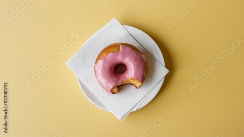 Overhead view of bitten donut with pink glaze in plate and napkin  isolated on yellow. background in minimalist style