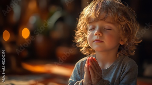 A young boy with closed eyes and hands clasped in prayer, sitting in a dimly lit room. Captures innocence, faith, and a moment of spiritual reflection
