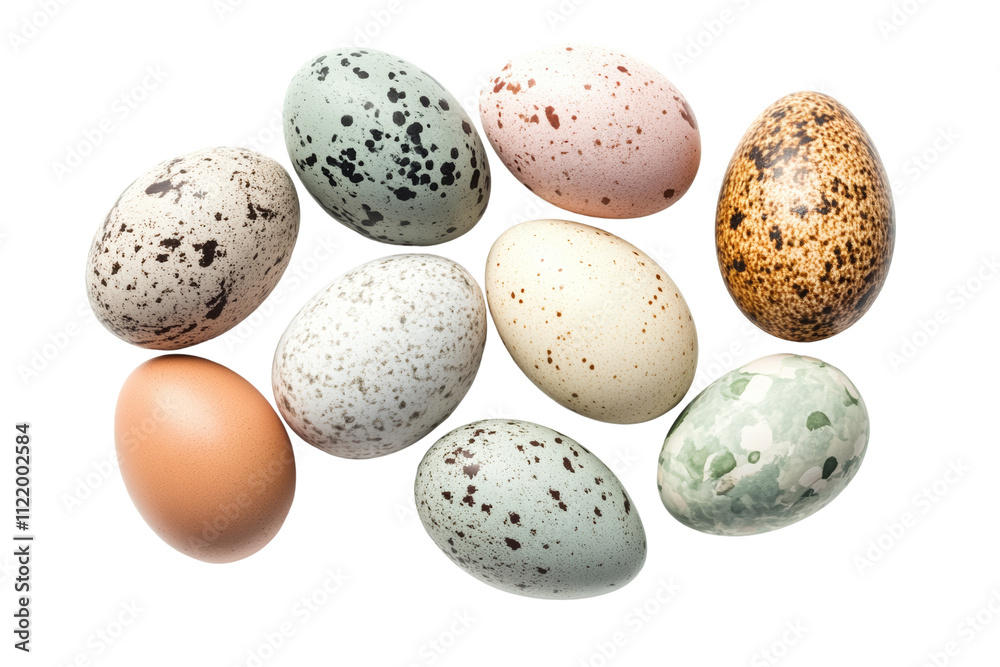 Fototapeta premium A variety of beautiful, colorful eggs arranged on a white surface, showcasing different patterns and textures.