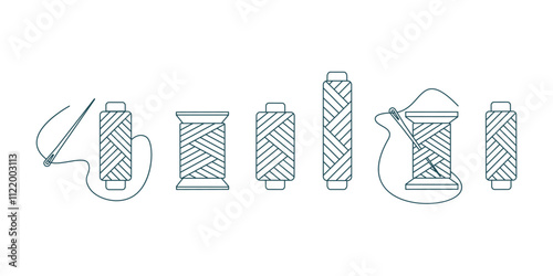 Collection of various spools of thread for sewing with a needle in line. Tools for sew hobby, handwork, tailoring, needlecraft. Isolated vector illustration in outline