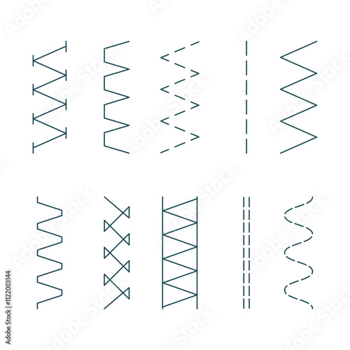 Collection of various machine seams, overlock stitches in line. Sewing, handwork, tailoring, handicrafts. Isolated vector illustration in outline