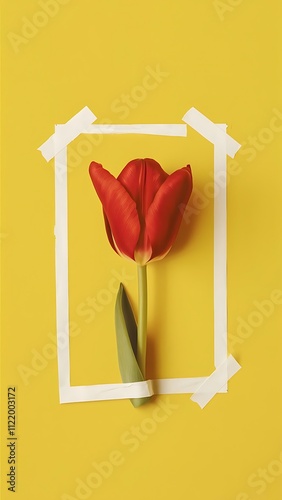 Tulip flower taped to bright background. Minimal concept. photo